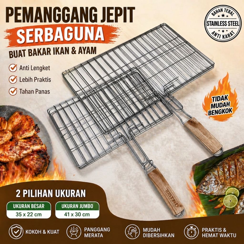 Pemanggang jepit gagang kayu Bakar ikan ayam Serbaguna | Uk Sedang & Besar – Alat Bakar Ikan Ayam an