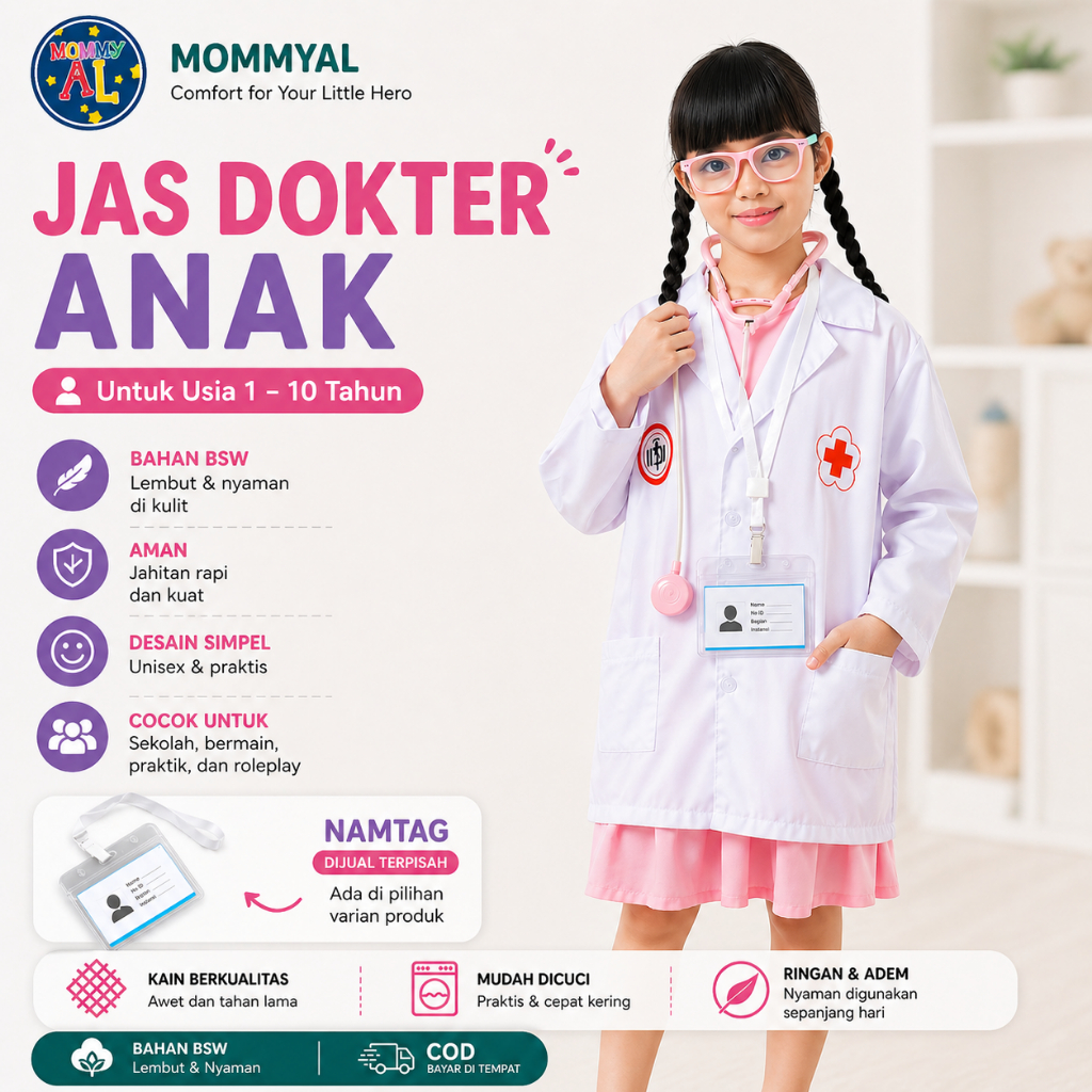 Jas Dokter Anak 1–10 Tahun | Baju Profesi Dokter Anak TK SD | Kostum Dokter Anak Laki-Laki & Perempu