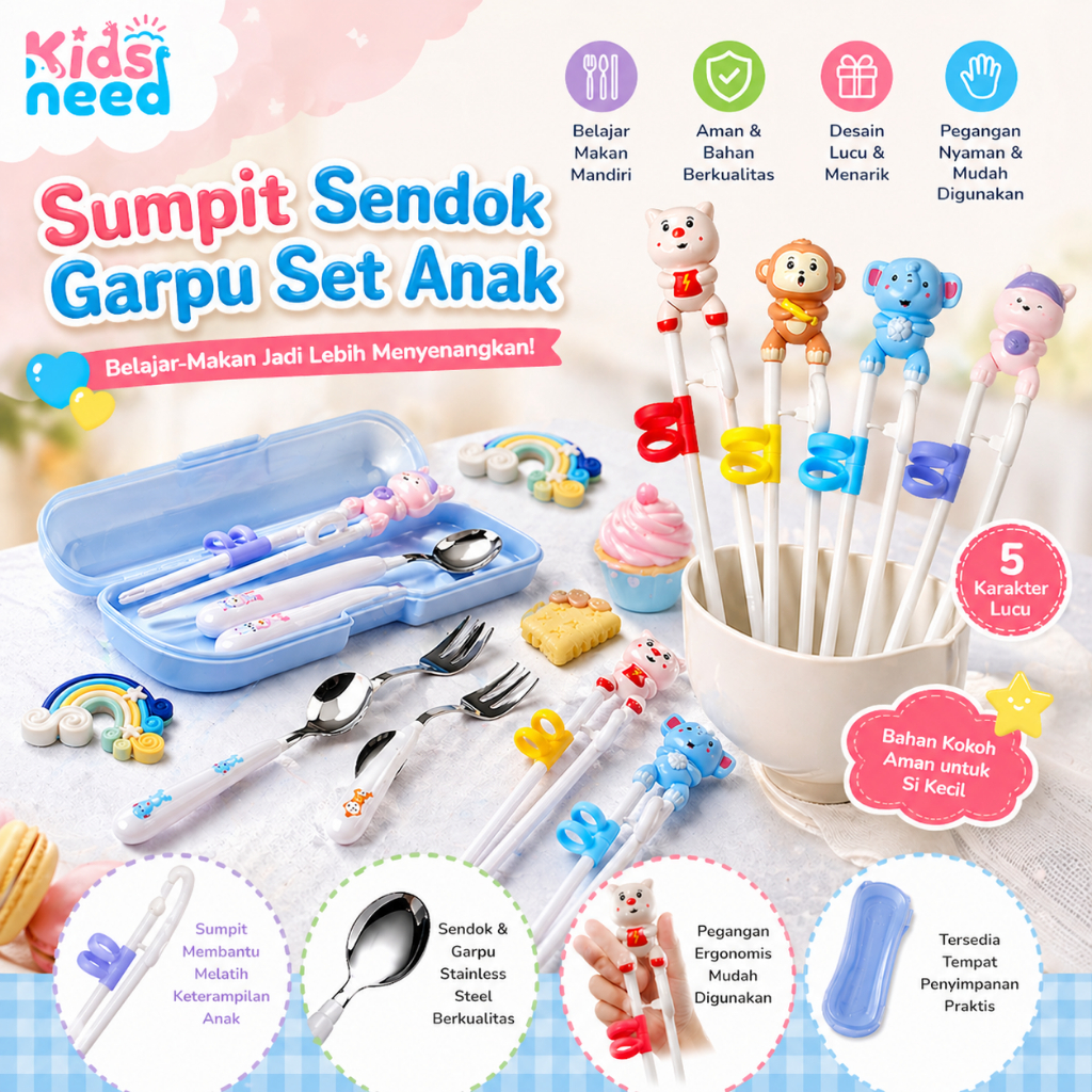 Sumpit Sendok Garpu Set Anak Karakter Hewan Lucu