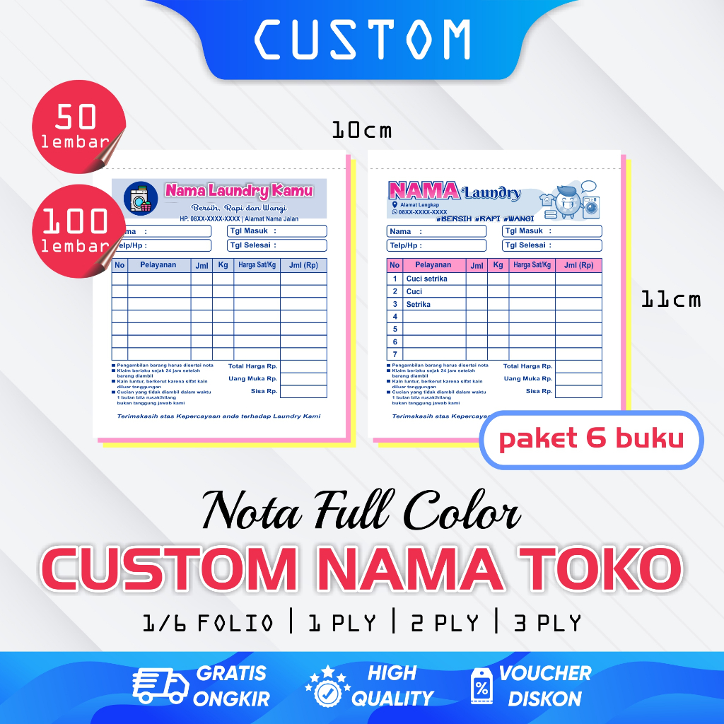 Paket 6 Buku-Nota Laundry Custom Satuan Full Color Ukuran 1/6 Folio 1Ply,2Ply dan 3Ply