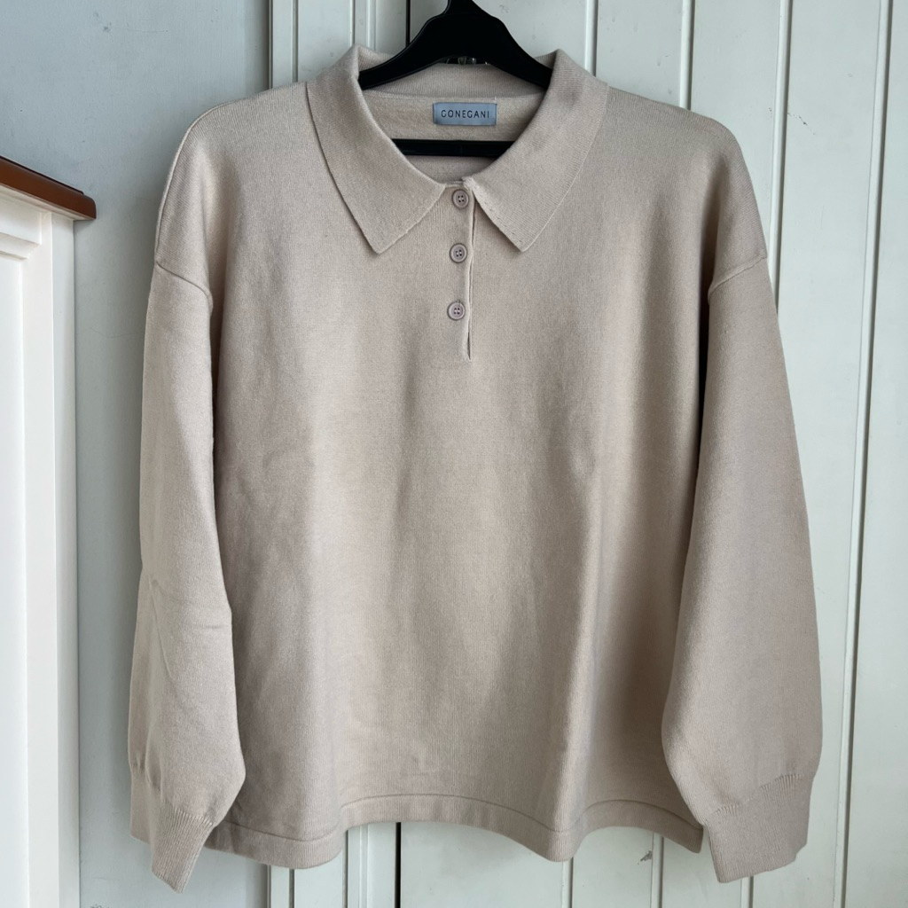 Gonegani Polo Sweater Wool Knit Ivory Longsleeve
