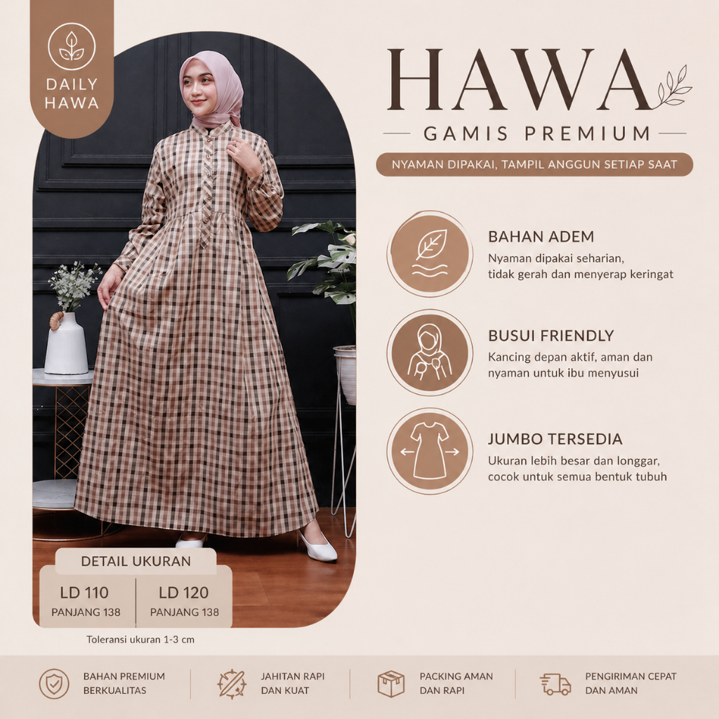Hawa Gamis Premium Wanita | Busui Friendly | Jumbo LD120 | Katun Adem | Daily Hawa