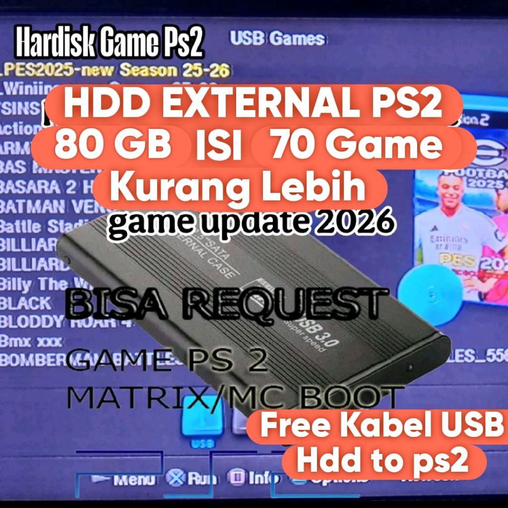 hdd ps2 80gb hardisk Eksternal ps2 isi game 70 kurang lebih
