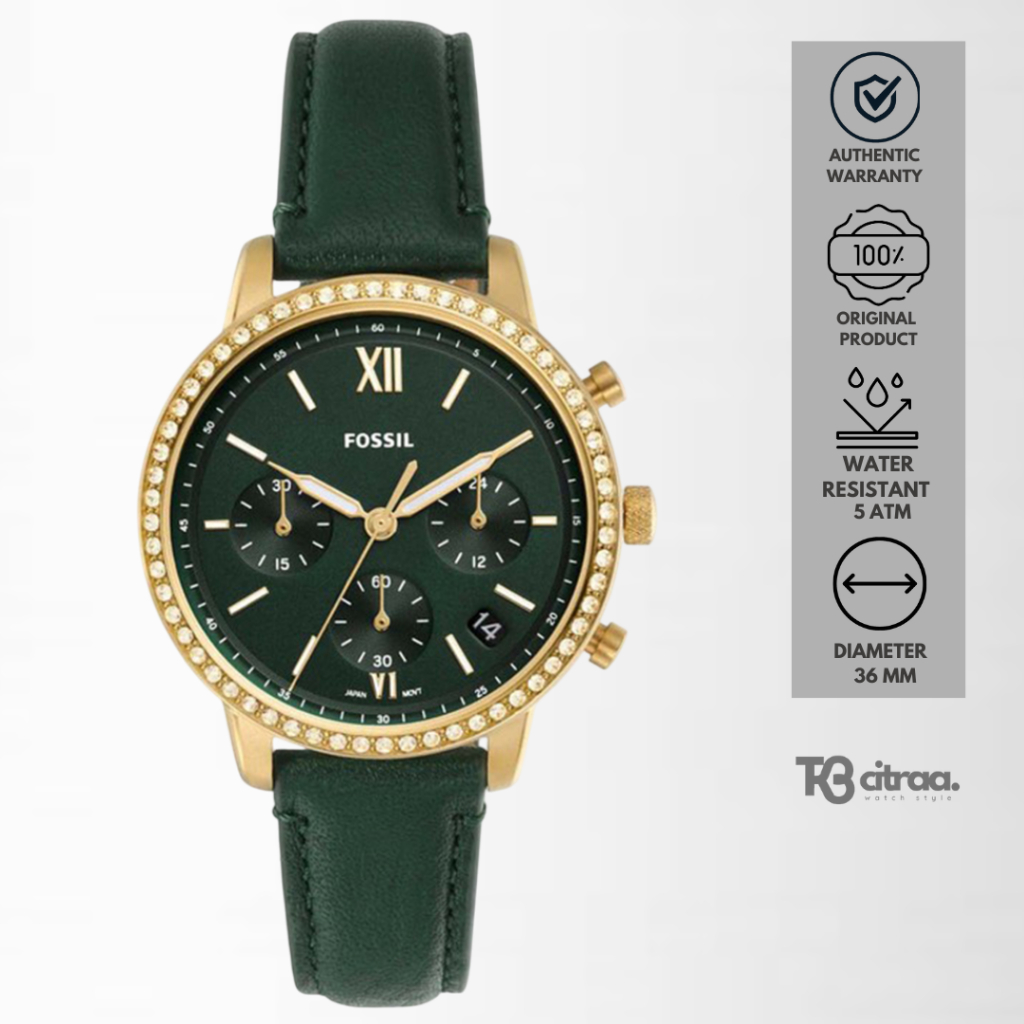 Jam Tangan Wanita Fossil Neutra Chronograph Green Dial Green Eco Leather Strap Mewah Casual Sporty O