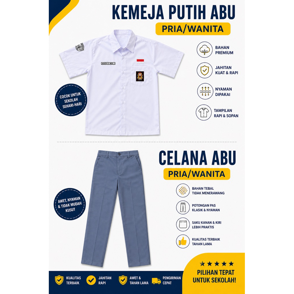 Seragam Sekolah Putih Abu Pria  | Kemeja Putih Lengan Pendek + Celana Abu | Baju Sekolah SMP SMA SMK