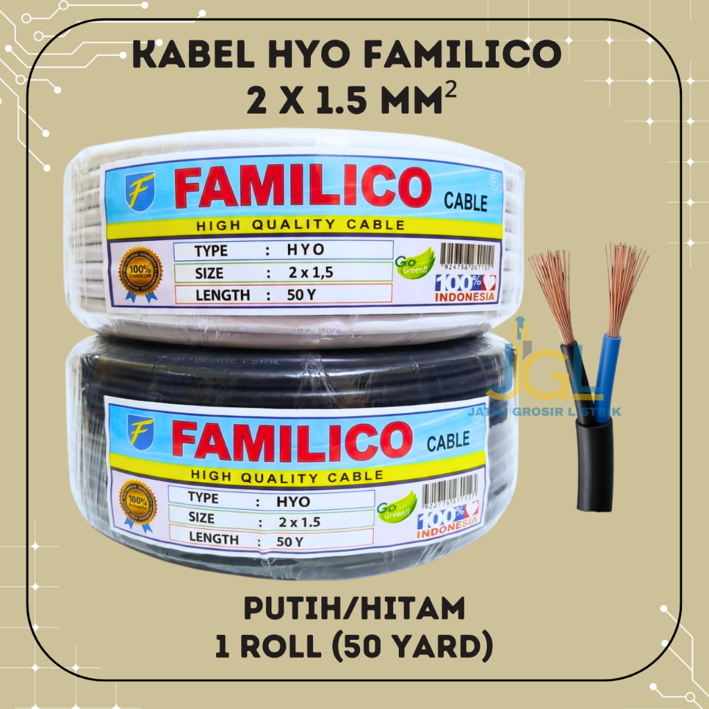 1 Roll Kabel Familico HYO 2x1.5 mm² 50 Yard – Kabel Listrik Serabut Hitam/Putih