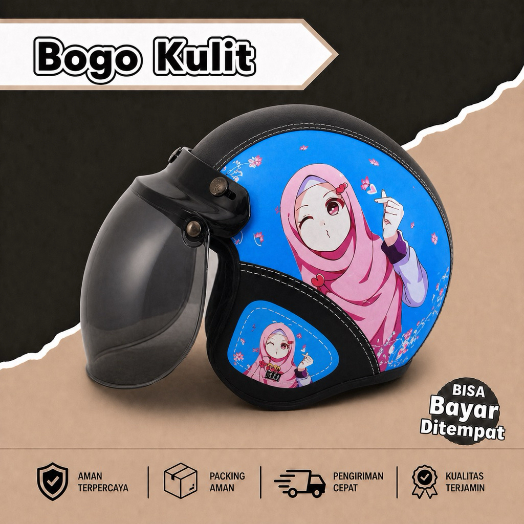 [BAYAR DI TEMPAT] Helm Bogo Dewasa Motif Hijab Biru  SNI- Kulit -