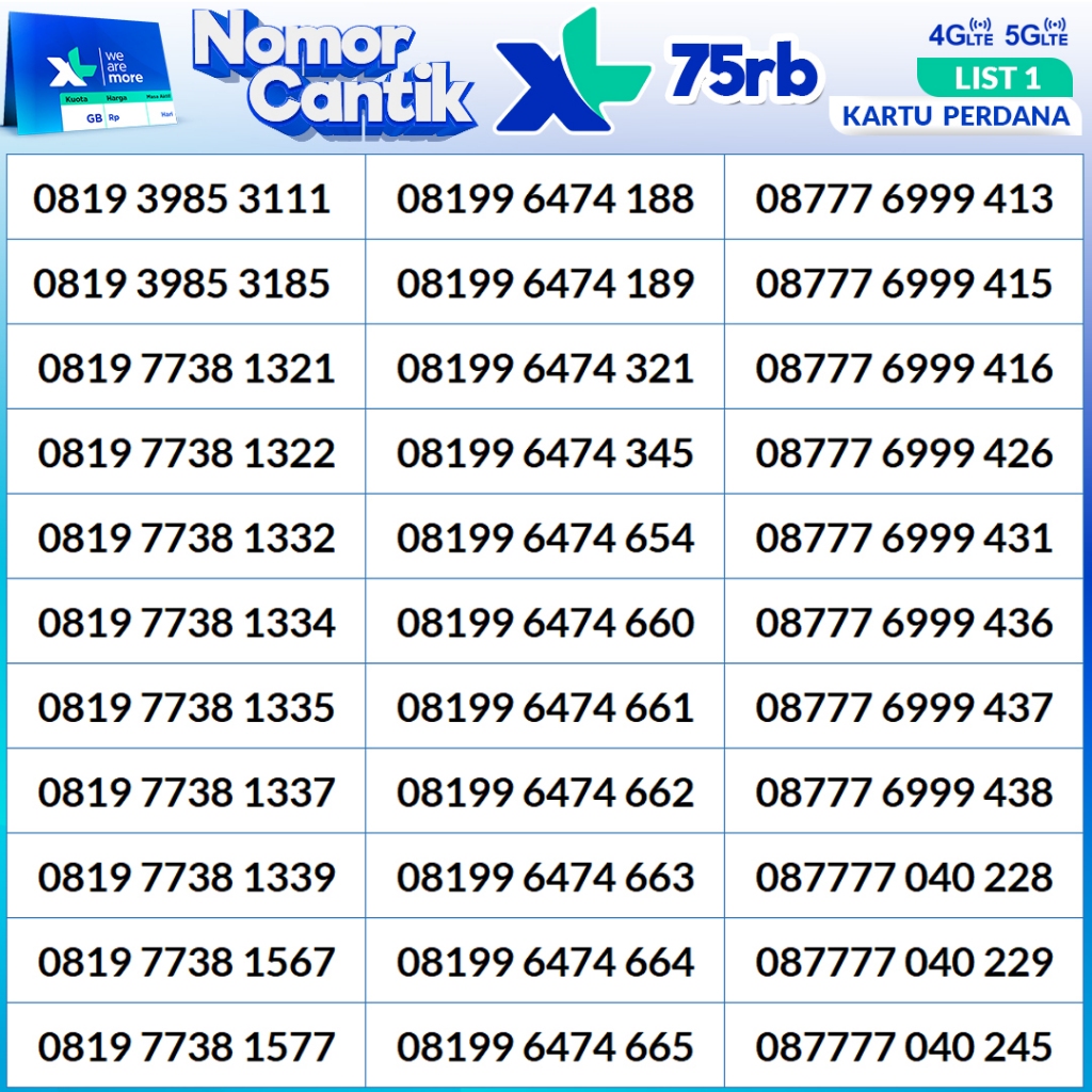 Nomor Cantik Perdana XL 75.000rb Support 4G/5G