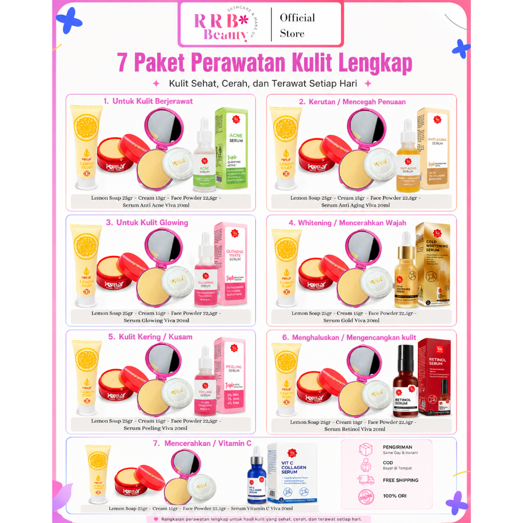 Kelly Cosmetics Paket Skincare 4in1 Kelly Lemon Cream Serum Untuk Wajah Glowing Mencerahkan Perawata