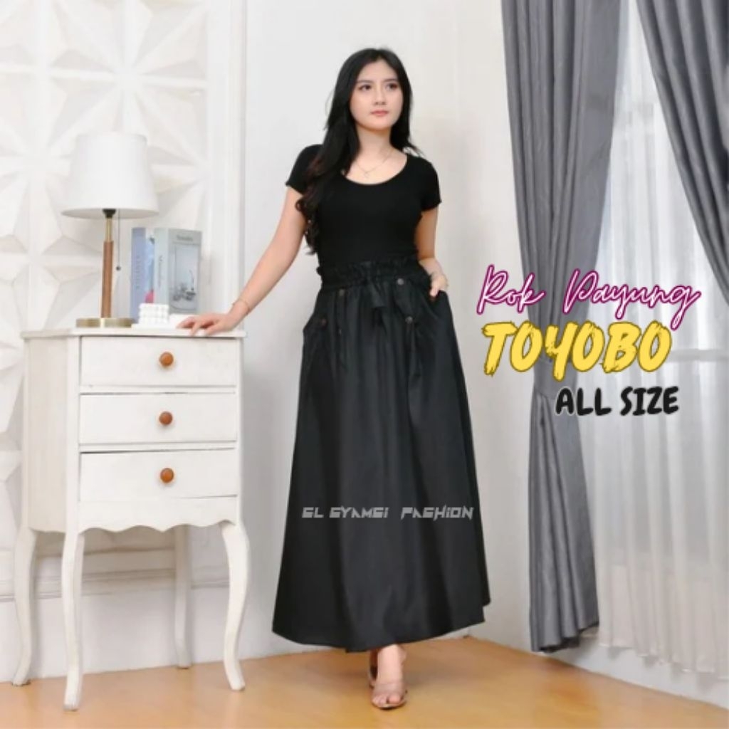 Rok Panjang Wanita Rok payung Trendi Motif Polos Kekinian Rok Hitam Dewasa Katun Toyobo