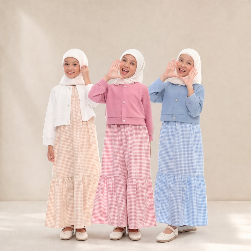Gamis Set Cardigan Anak Perempuan Muslimah Katun Knit Motif Kotak-kotak Outfit Liburan Hangout Menga