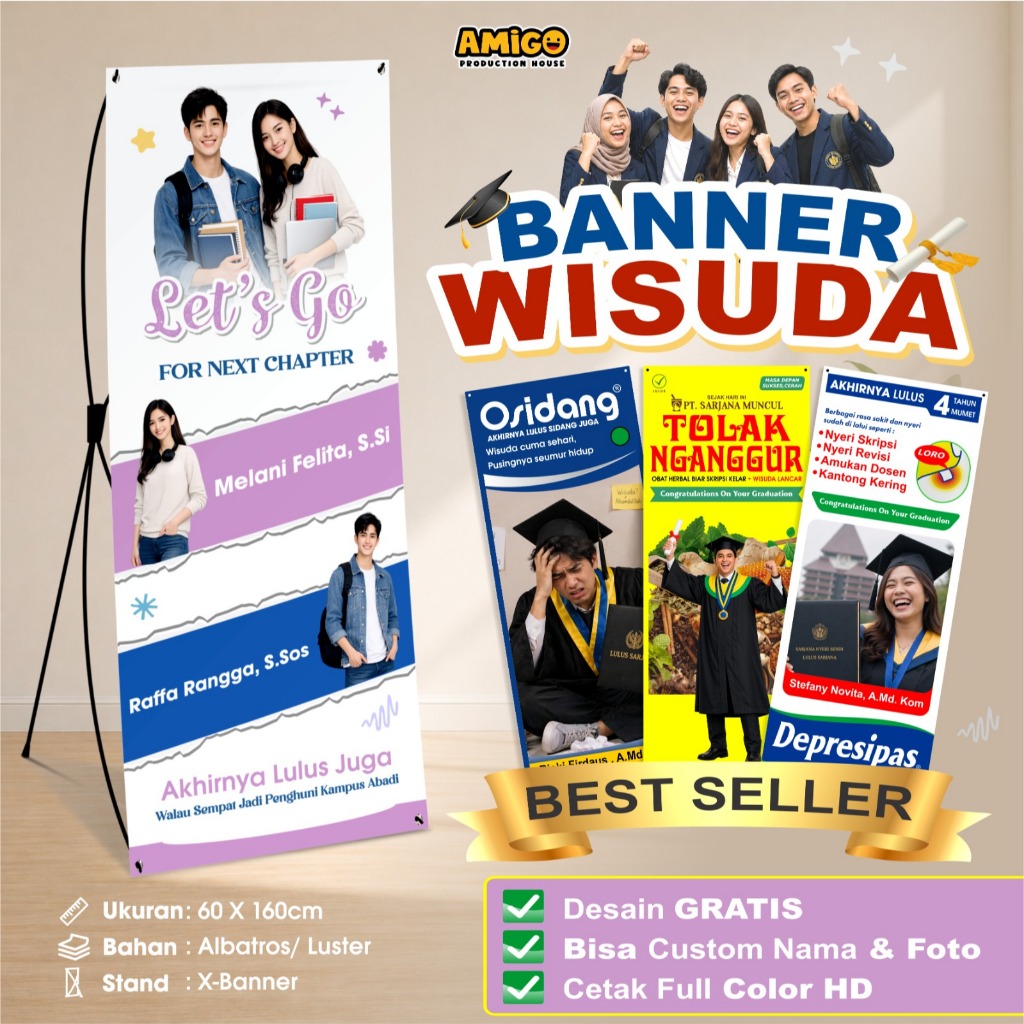 Cetak X- Banner Wisuda Standing Banner Sidang Custom Banner + Tiang 60x160