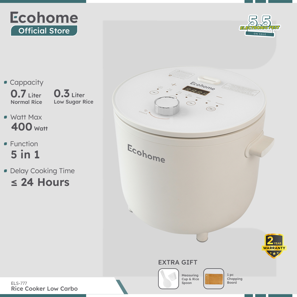ECOHOME Rice Cooker Low Carbo ELS777 Low Sugar with 0.8L Penanak Nasi & Menghangatkan Low Watt