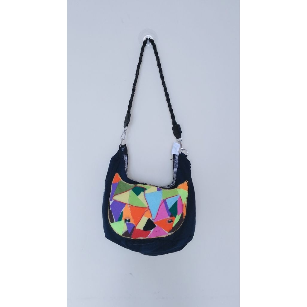 Tas Selempang Wanita Denim Hitam Tas kain murah motif kucing kolase warna warni Handmade