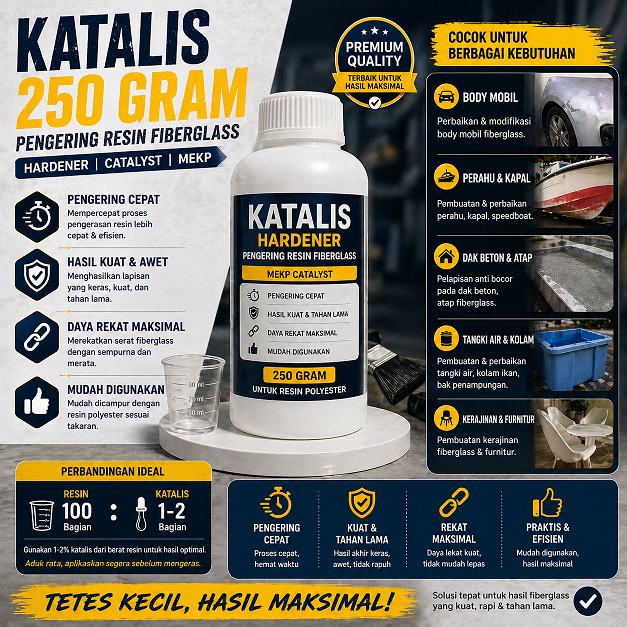 Katalis Fiberglass 250 Gram Hardener Resin Polyester MEKP Pengering Cepat Untuk Lem Fiberglass Hasil