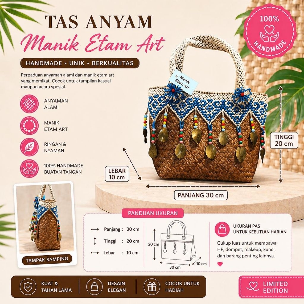 Tas Rotan Anyam Handmade wanita Hias Manik Etnik | Tas Bohemian Stylish Premium
