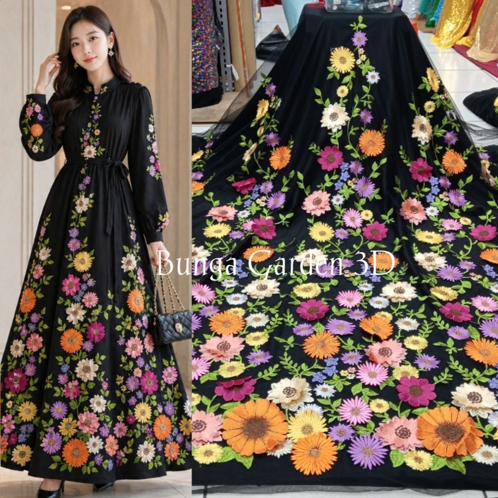 Kain bahan tille garden 3D korea premium / Kain tile garden 3D korea bunga timbul terbaru