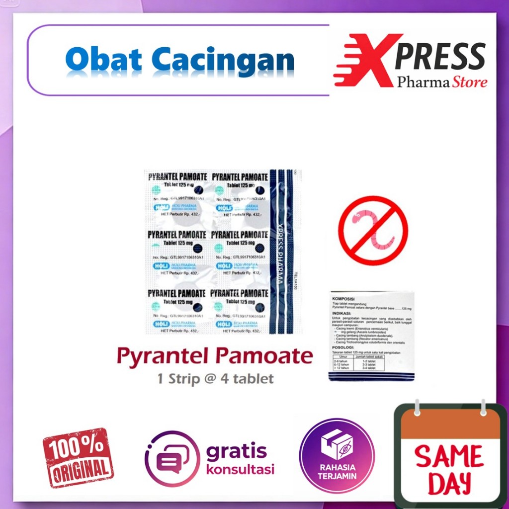 XPRESS  STRIP PYRANTEL PAMOATE Holi Pharma 125 mg 4 Tablet Kapsul - Membantu Mengatasi Cacingan Obat