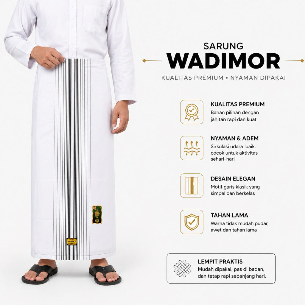 Sarung WADIMOR Original  Hitam Putih Polos Premium