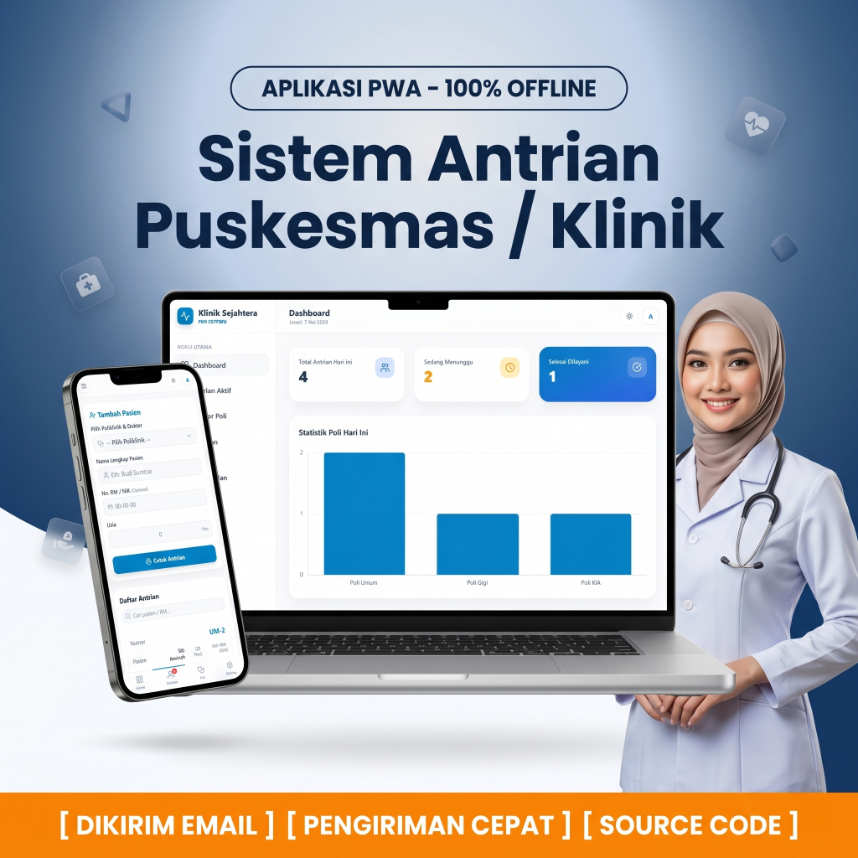 Aplikasi PWA Sistem Antrian Puskesmas Klinik Offline, Dashboard, Source Code