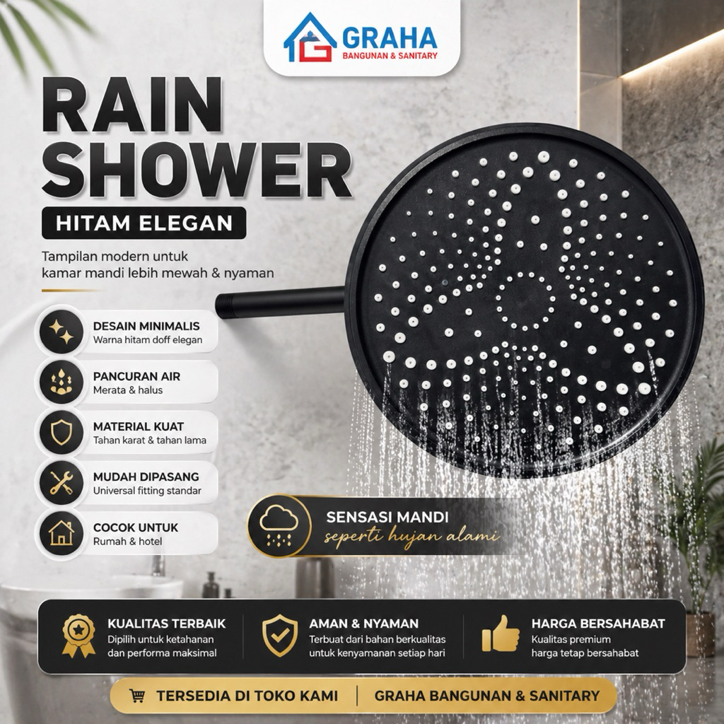 Head Shower Mandi Hitam BUFALO EIXO Z10-1B / HeadShower Black / Kepala shower