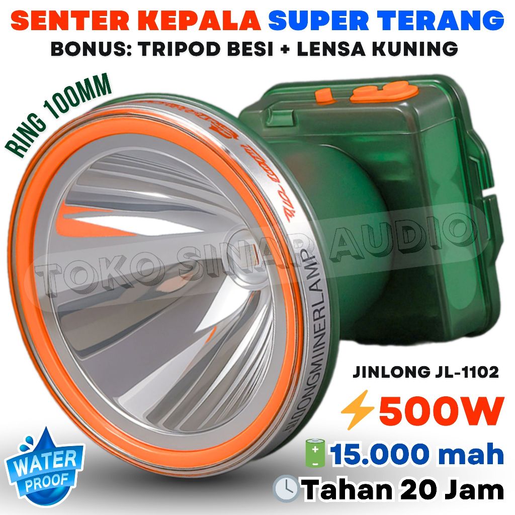 Jinlong JL-1102 Senter Kepala 500 Watt + Tripod & Lensa Kuning Headlamp Super Terang / Jinlong JL-11
