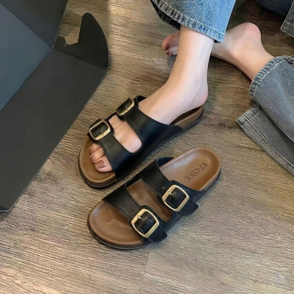 SUNNY SHOES Sandal Wanita Rumah Slippers Kulit Sintetis PVC Gesper Dua Strap Tali Awet & Nyaman