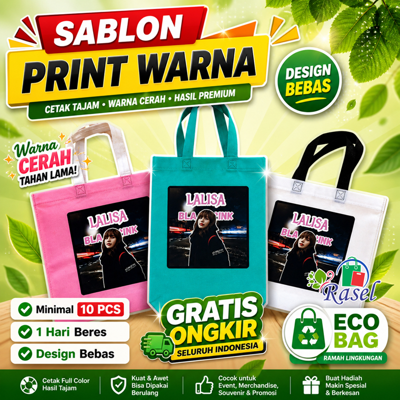sablon custom goodie bag spunbond print warna souvenir foto dtf