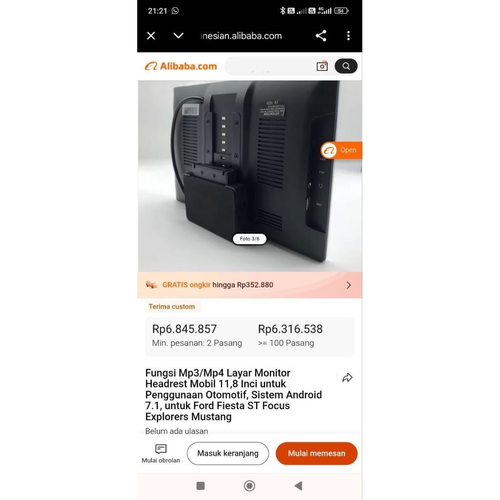 monitor headrest 11.8 inc android 6.0 bekas copotan mobil