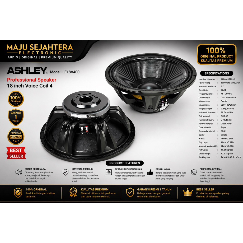 SPEAKER KOMPONEN ASHLEY 18 INCH VOICR COIL 4INCH 18VC4INCH LF18V400 lf18v400 ORIGINAL
