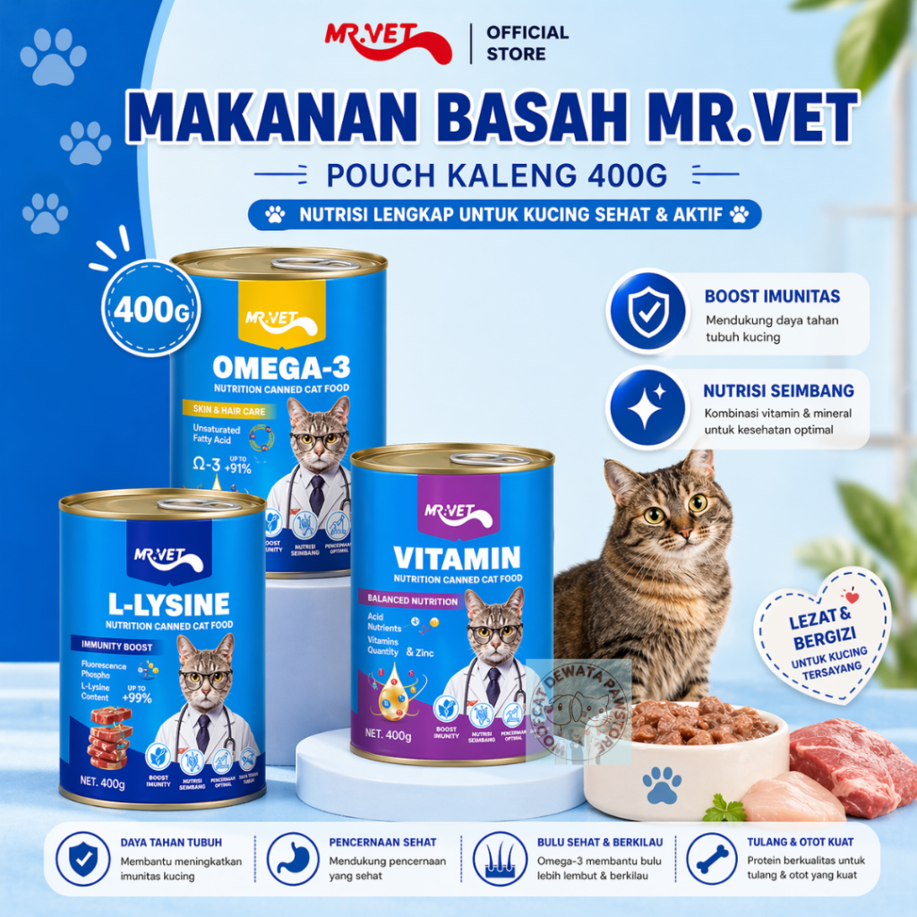 [NEW] Mr. Vet Cat Kaleng - Makanan Basah  Wetfood Cat 400g VITAMIN, LYSINE, OMEGA 3