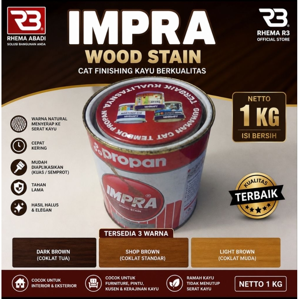 IMPRA Wood Stain 1 KG Kaleng | Cat Kayu Impra | Dark Brown / Shop Brown / Light Brown | Finishing Ka