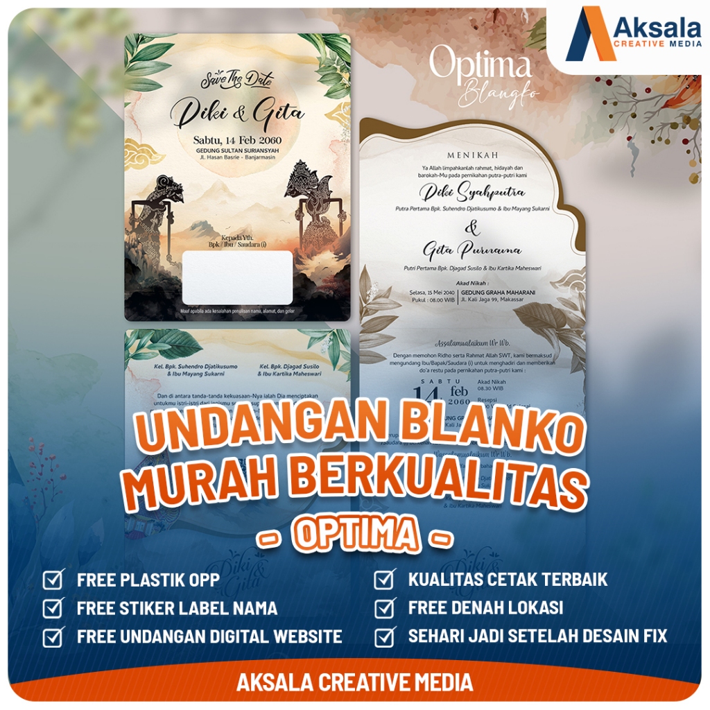 Undangan Pernikahan Optima Full Color Floral Wayang Jawa Murah Mewah Elegan Minimalis Bonus Website 