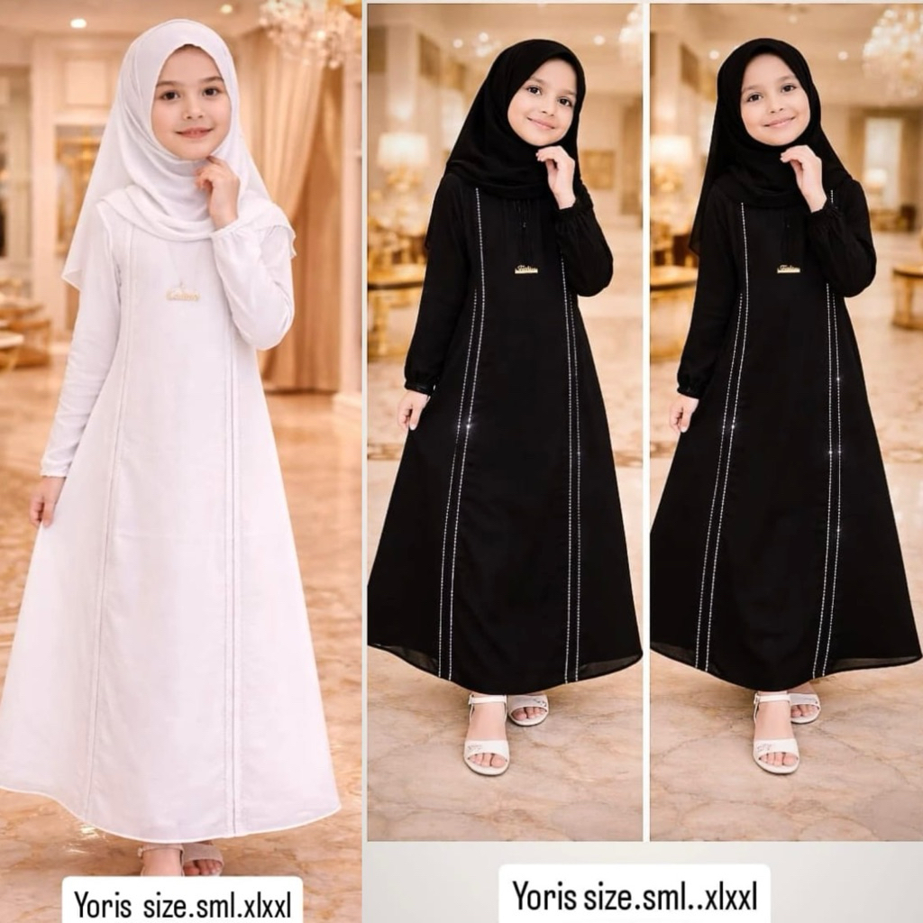 GAMIS MUSLIM ANAK BAHAN YORIS PREMIUM SET HIJAB  ( USIA 6-12 TAHUN )