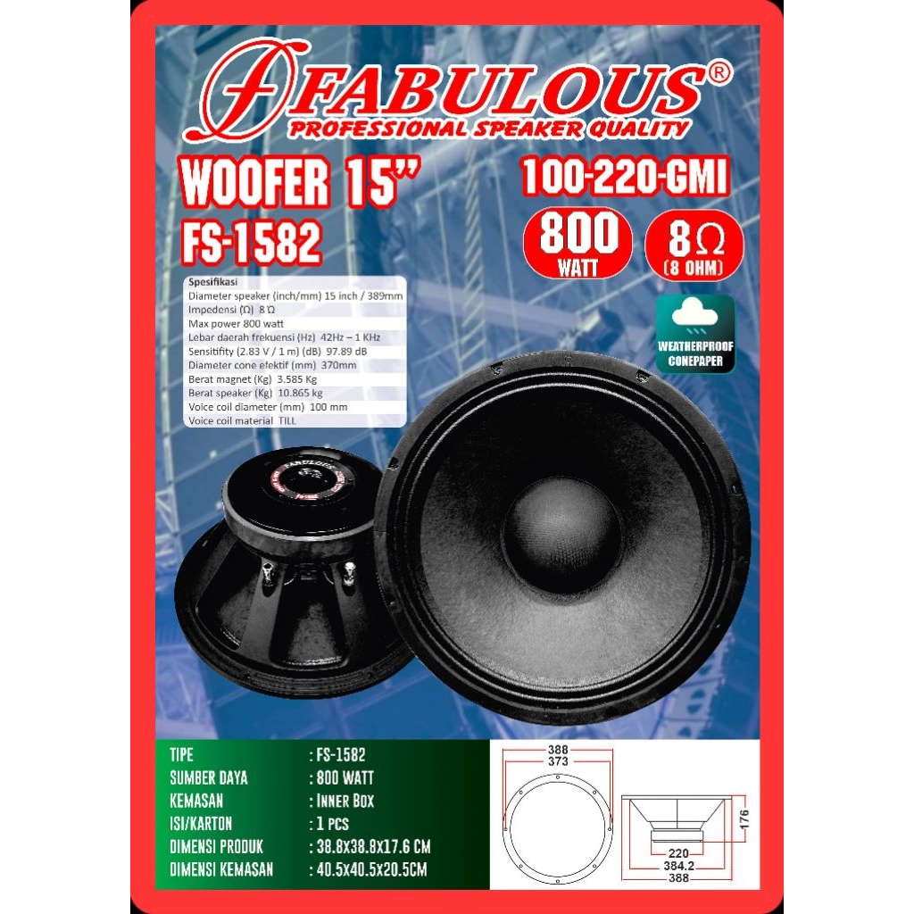 Speaker Woofer 15 Inch ACR Fabulous FS-1582 FS1582 800 Watt 8 Ohm Original Weatherproof