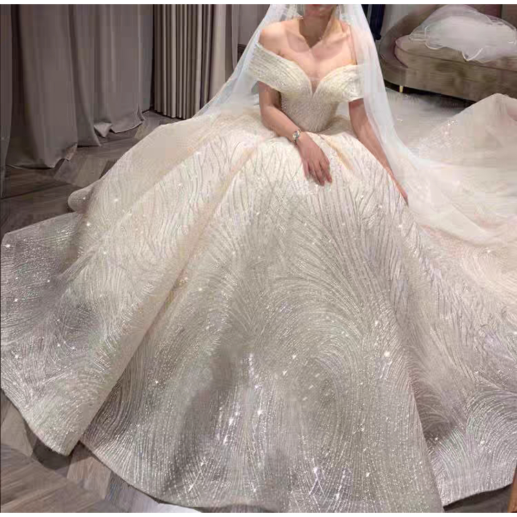 Wanita Sabrina Gaun Pengantin Putih Ekor Panjang
