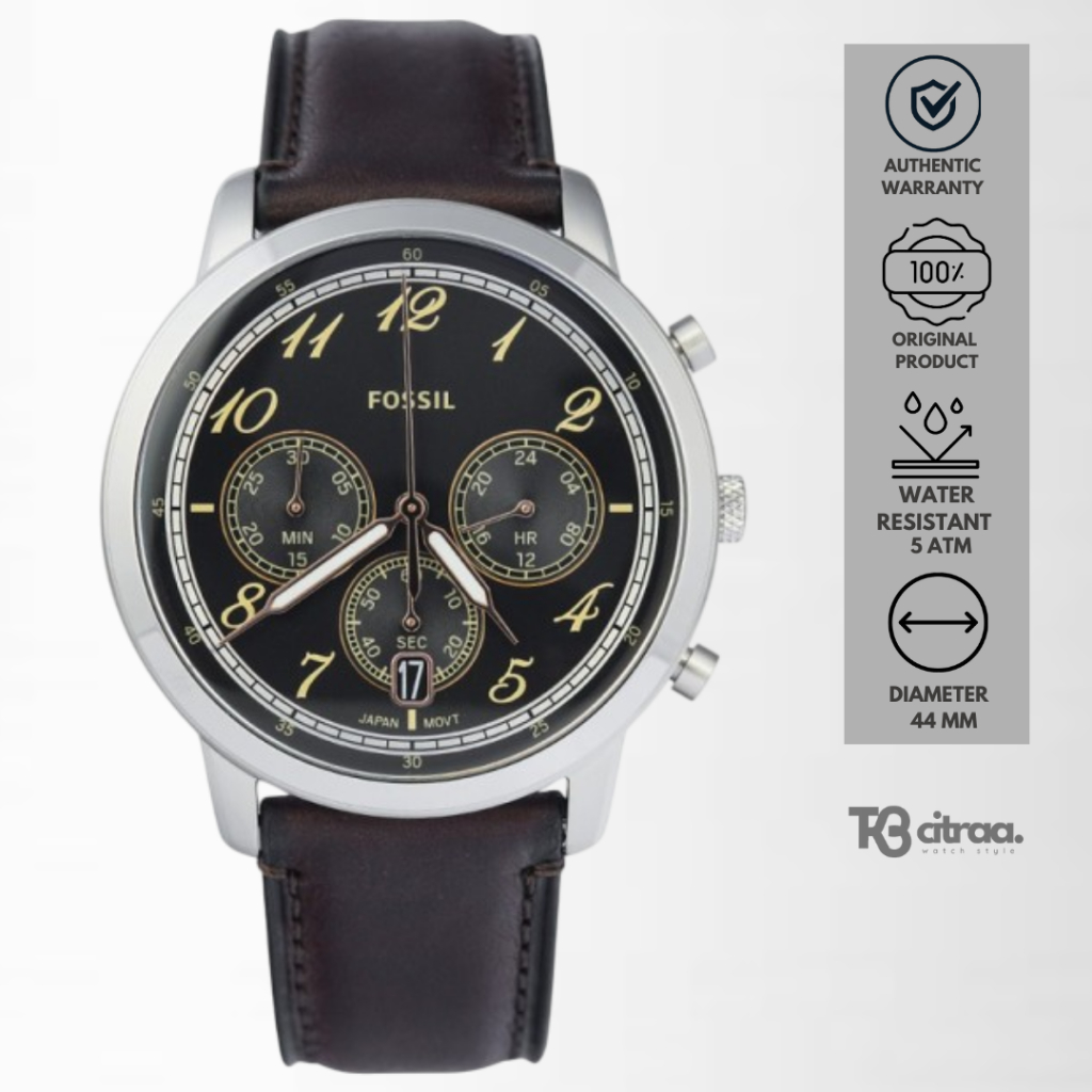 Jam Tangan Pria Fossil Neutra Chronograph Black Dial Brown Leather Casual Original FS6024