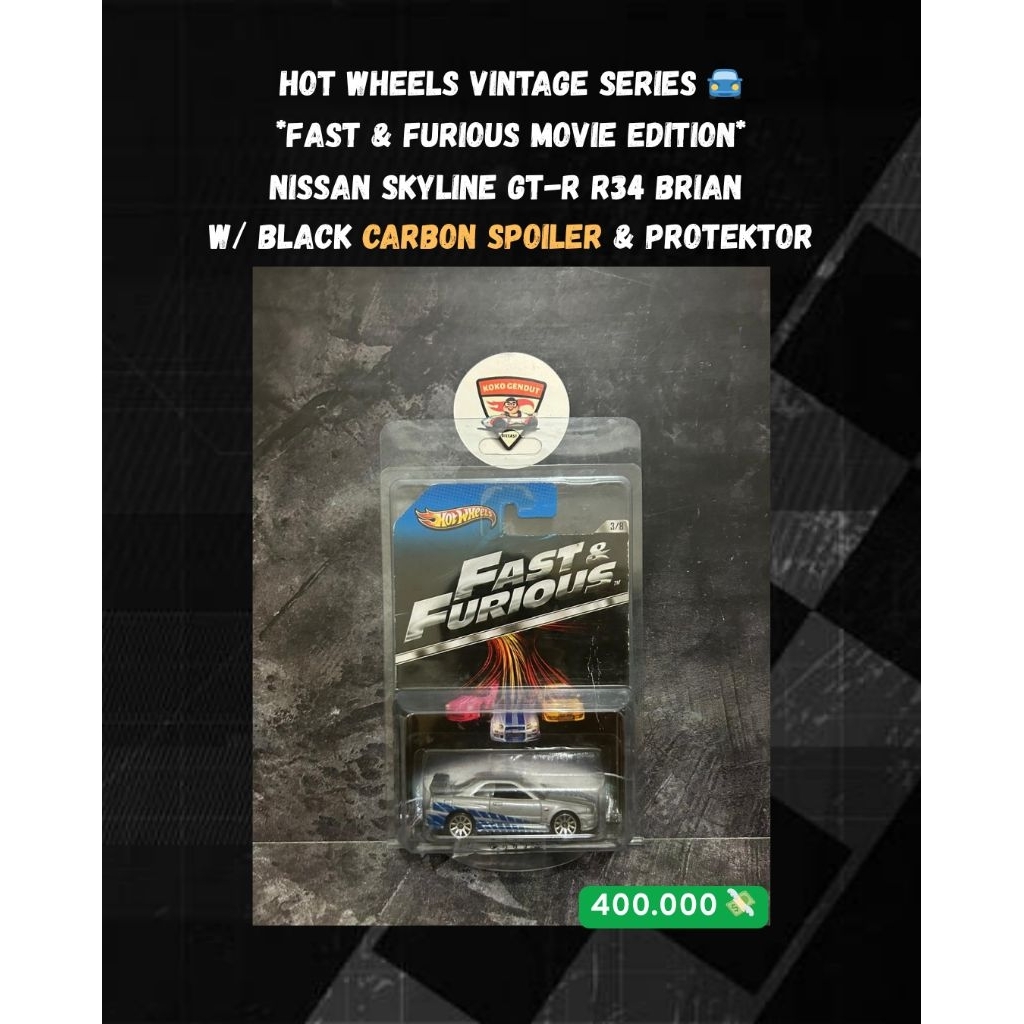 Hot Wheels Fast & Furious Movie Edition Nissan Skyline GT-R R34 Black Wing Carbon Vintage Card + PRO