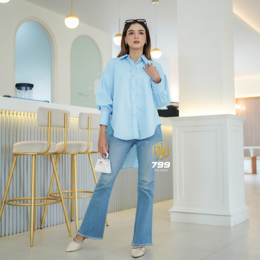 Kemeja Wanita Casual bahan Katun Toyobo Oversize biru