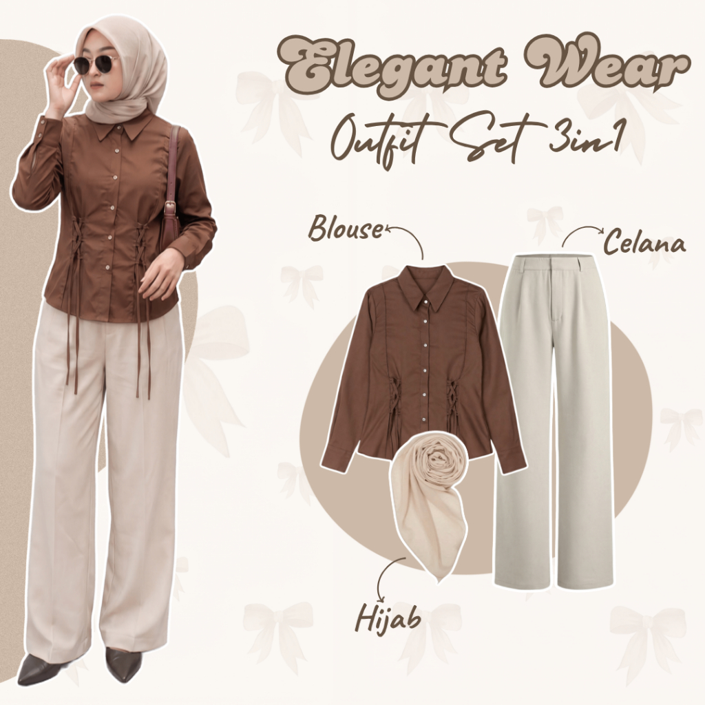 Setelan Outfit Wanita | Blouse, Celana High Waist, Hijab | One Set Kekinian, Outfit Cewek 1 Set