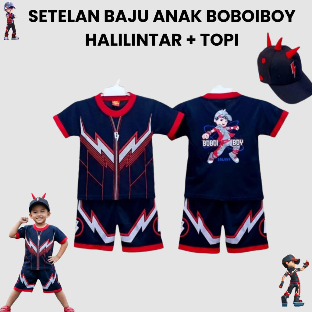SETELAN BAJU ANAK BOBOIBOY HALILINTAR FREE TOPI -  SET LENGKAP KOSTUM BOBOIBOY + TOPI