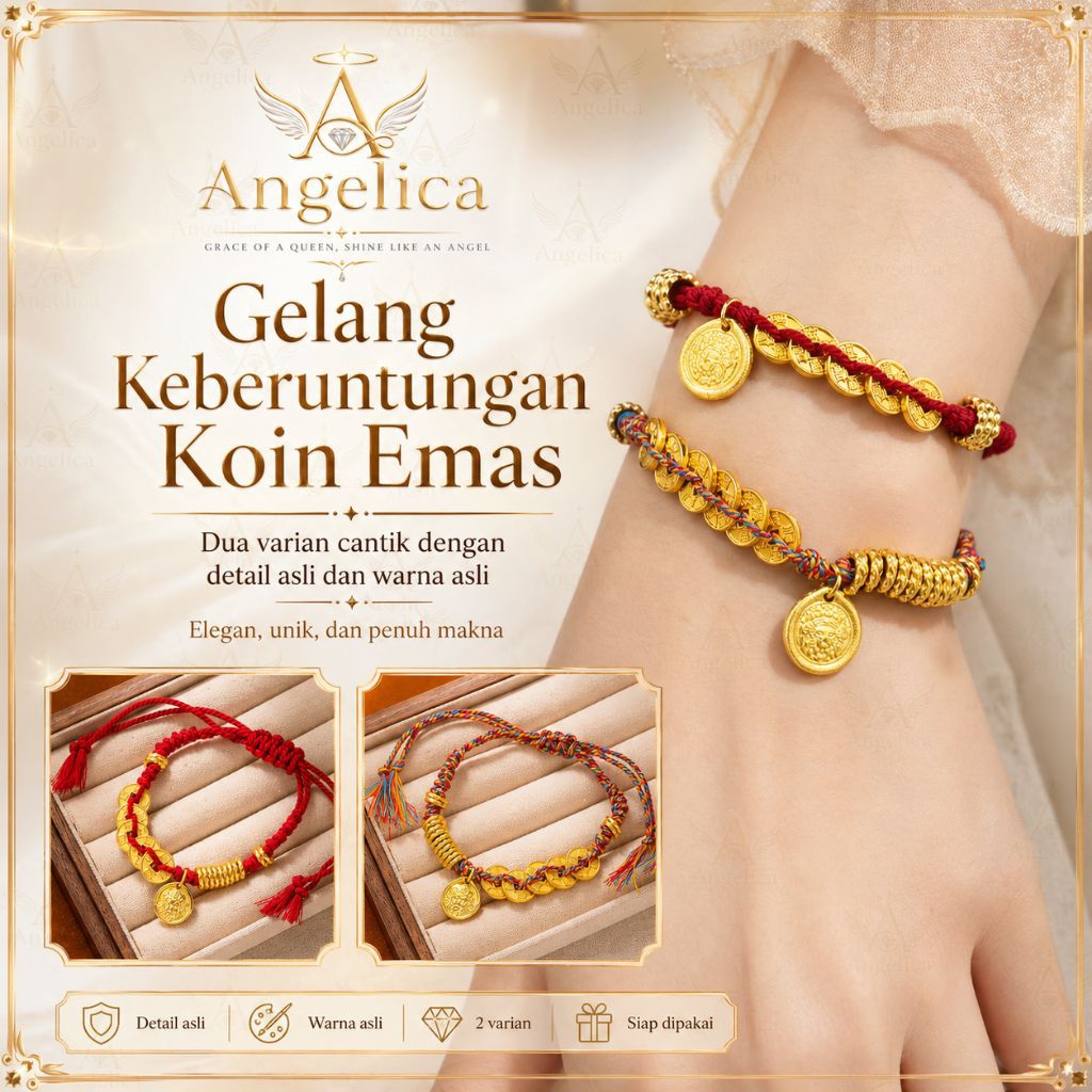 Gelang Dewa Rezeki Tali Merah Emas | Gelang Fengshui Hoki Rezeki Lancar | Gelang Koin Emas Premium U