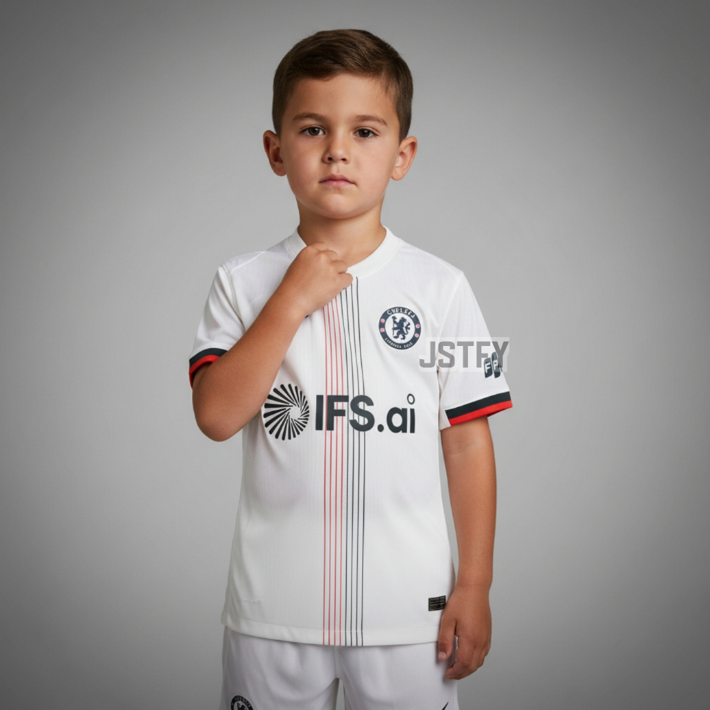 KIDS Jersey Chls Away 2025 2026 Baju Bola Warna Putih Cream Anak Patch Premier League UCL EPL Custom