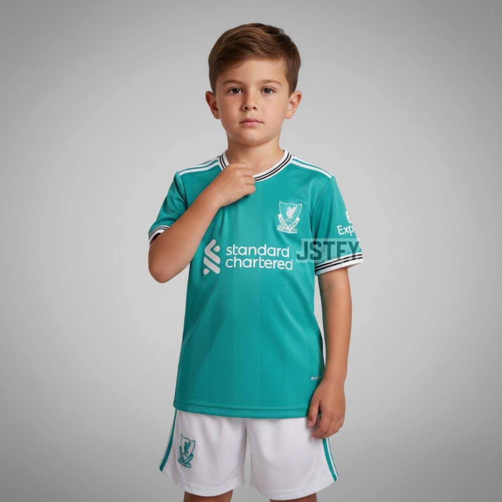 KIDS Jersey Lvrpl 3rd 2025 2026 Baju Bola Warna Hijau Laut Anak Patch Premier League UCL Custom Name