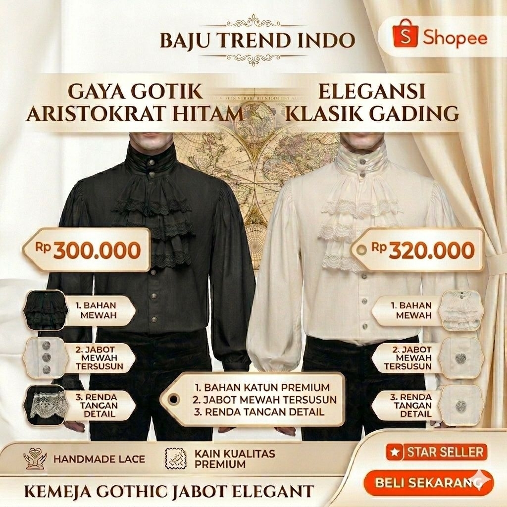 Kemeja Gothic Jabot Pria - Kemeja Klasik Victorian Premium - Baju Trend Indo