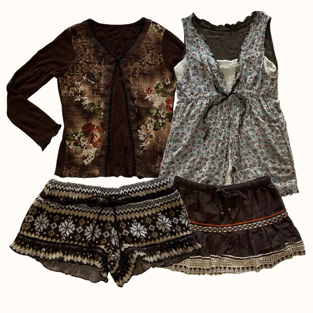atasan & bawahan tanktop Y2K vintage whimsical coquette morikei fur flare fairy lace indie retro emo