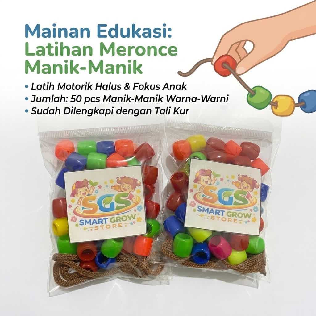 Meronce Manik-manik Anak 50PCS | Manik-Manik Warna Warni + Tali  | Mainan Edukasi Anak Meronce Manik