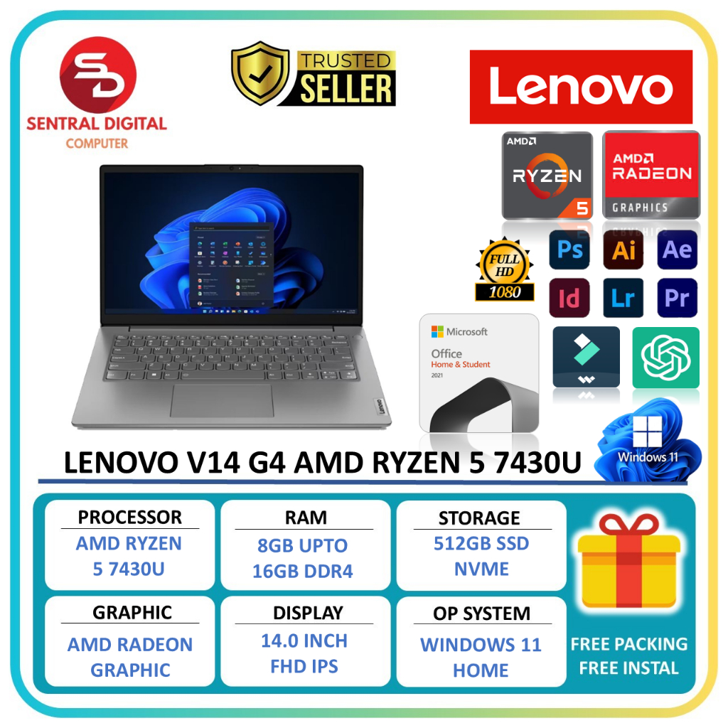 Lenovo V14 G4 AMD Ryzen 5 7430U Ram 16GB 512GB SSD Windows 11 Garansi Resmi