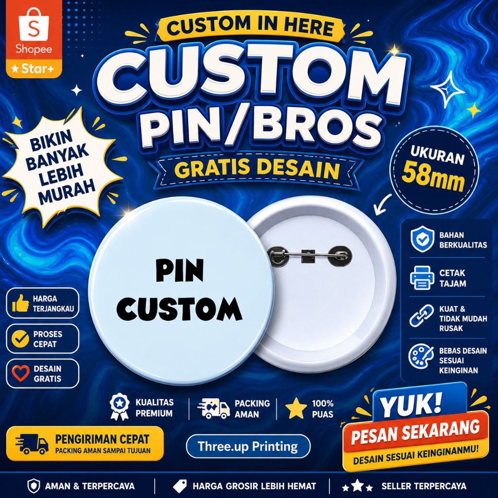 custom pin peniti/bros desain bebas ukuran 58mm lebih besar dari ukuran 44mm