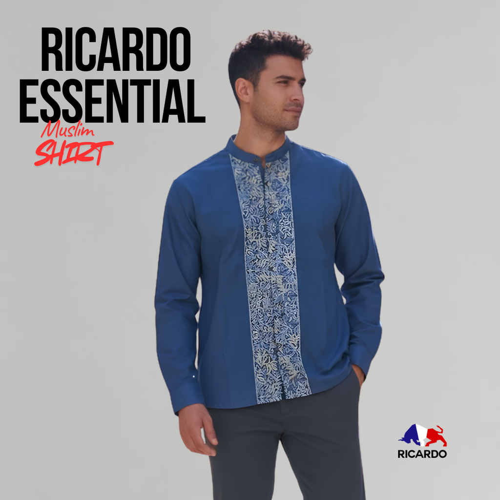 RICARDO Baju Koko Pria Biru Navy Motif Bordir Lengan Panjang 32533
